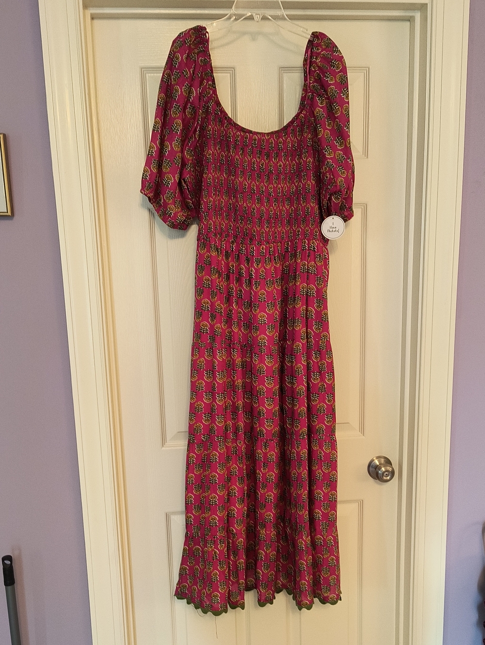 Smocked Puff-Sleeve Midi Dress in Raspberry Floral